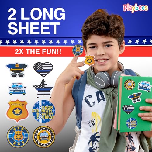 Playbees 200-Pack Police Stickers for Kids – Law Enforcement Badges, Thin Blue Line, American Flag & Car Designs
