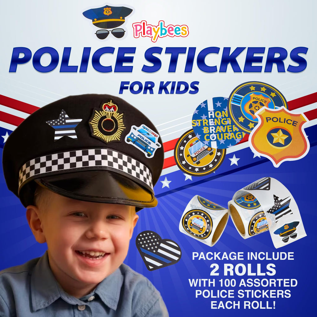 Playbees 200-Pack Police Stickers for Kids – Law Enforcement Badges, Thin Blue Line, American Flag & Car Designs