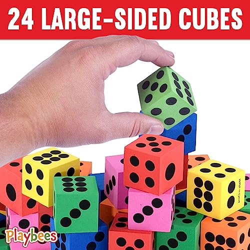 Playbees 24-Pack Foam Dice Set – 1.5 Inch Jumbo Non-Toxic Dice for Classroom Math, Games & Party Activities, Ages 3+