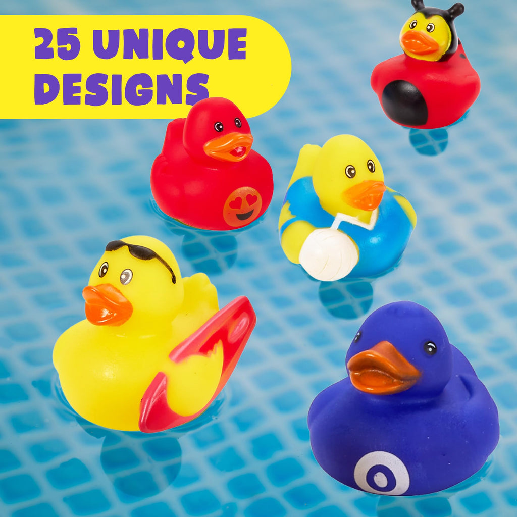 Playbees 25-Pack Assorted Rubber Duckies – 2-Inch Vinyl Bath Toys for Kids, Party Favors, and Sensory Play