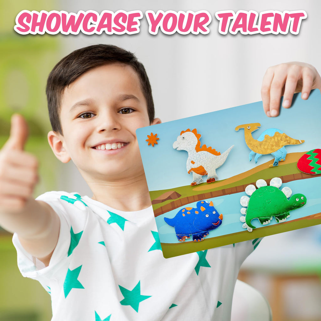 Playbees Dinosaur Foil Art Kit – Mess-Free Arts and Crafts for Kids Ages 3-9 with 100+ Stickers and Foil Sheets