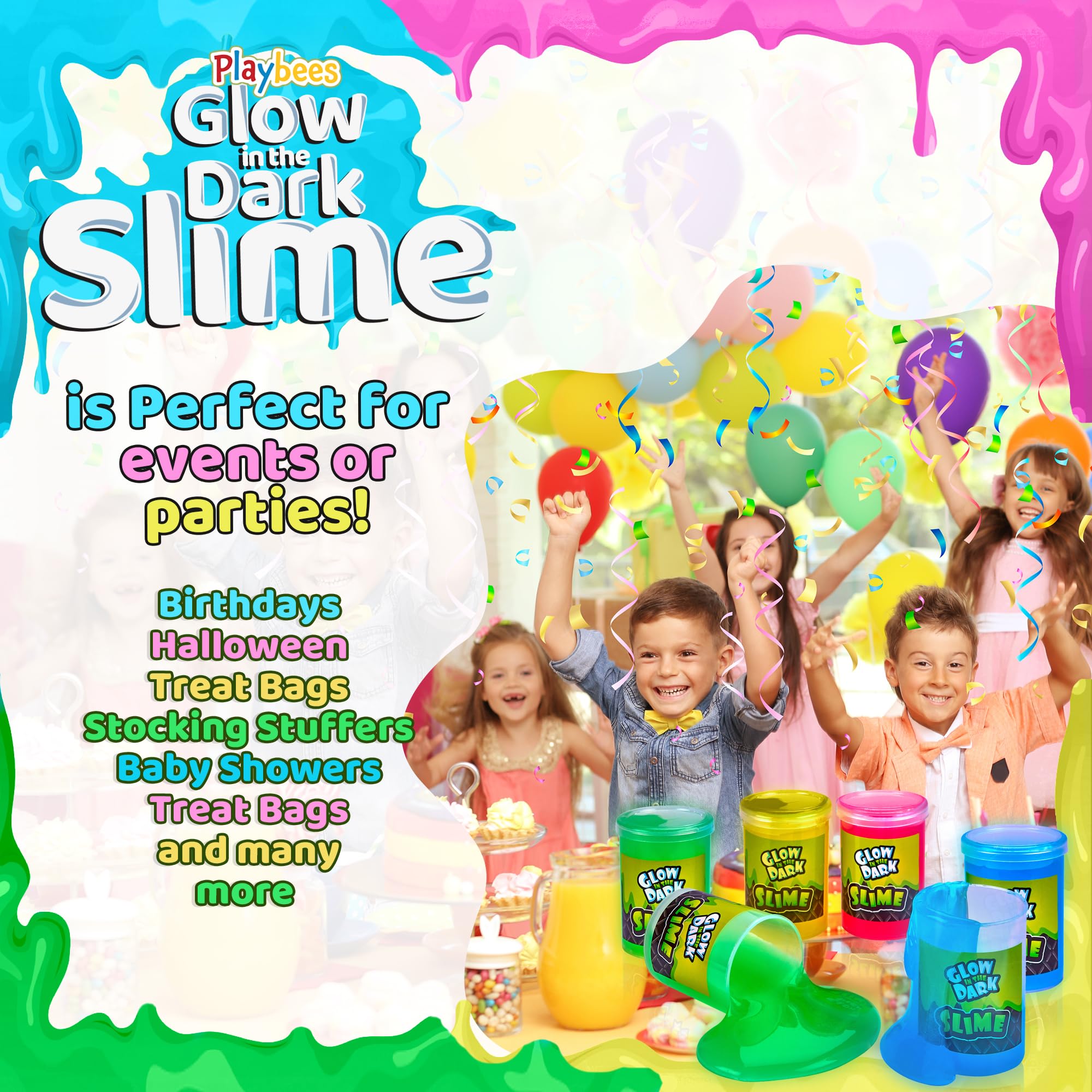 Playbees Glow in the Dark Slime 6-Pack – Neon Party Favors for Kids Ages 3+ – Non-Toxic Sensory Putty with Stretchy Gooey Fun for Birthdays, Halloween, Classrooms & Goody Bags