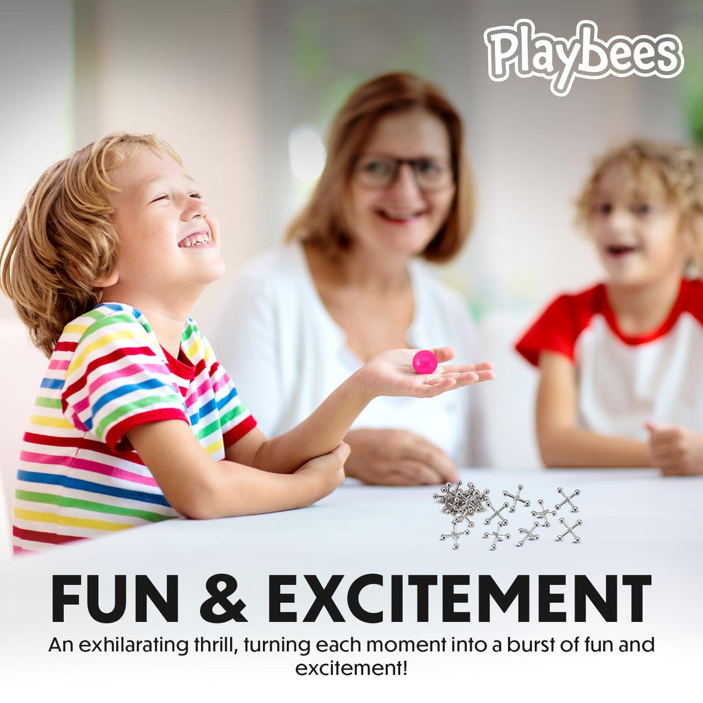 Playbees Metal Jacks Game Set – 12 Sets of Classic Jacks with Bouncy Ball for Retro Screen-Free Fun