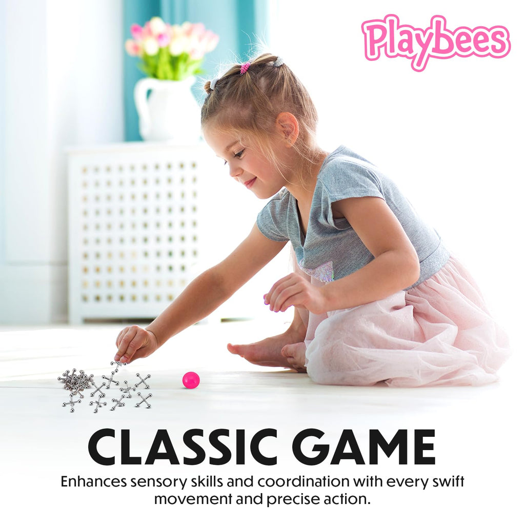Playbees Metal Jacks Game Set – 12 Sets of Classic Jacks with Bouncy Ball for Retro Screen-Free Fun