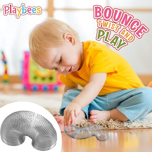 Playbees Metal Slinky Toy 4-Pack - 2-Inch Silver Coil Springs for Learning, Party Favors, Bird Feeder Squirrel Guard