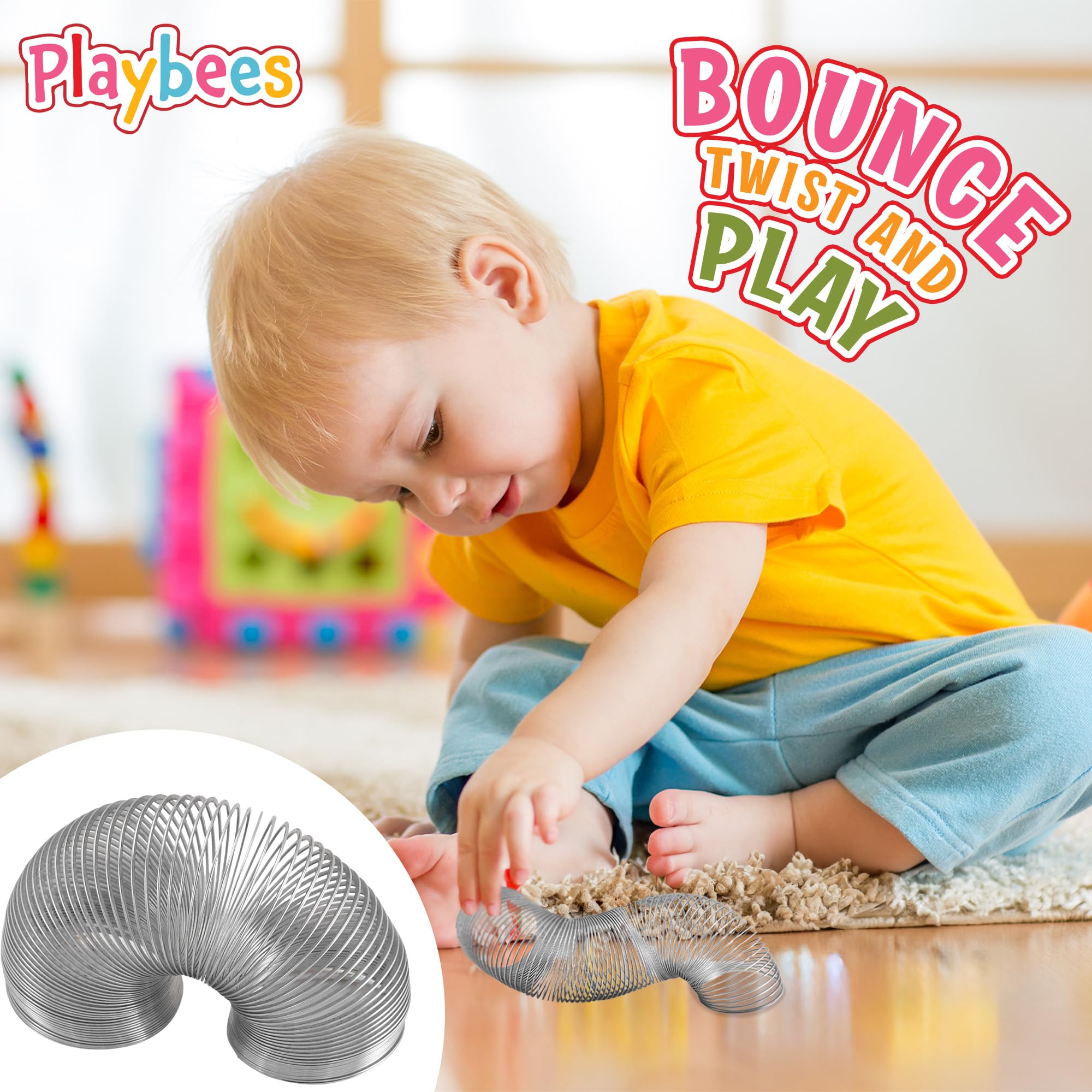 Playbees Metal Slinky Toy 4-Pack - 2-Inch Silver Coil Springs for Learning, Party Favors, Bird Feeder Squirrel Guard