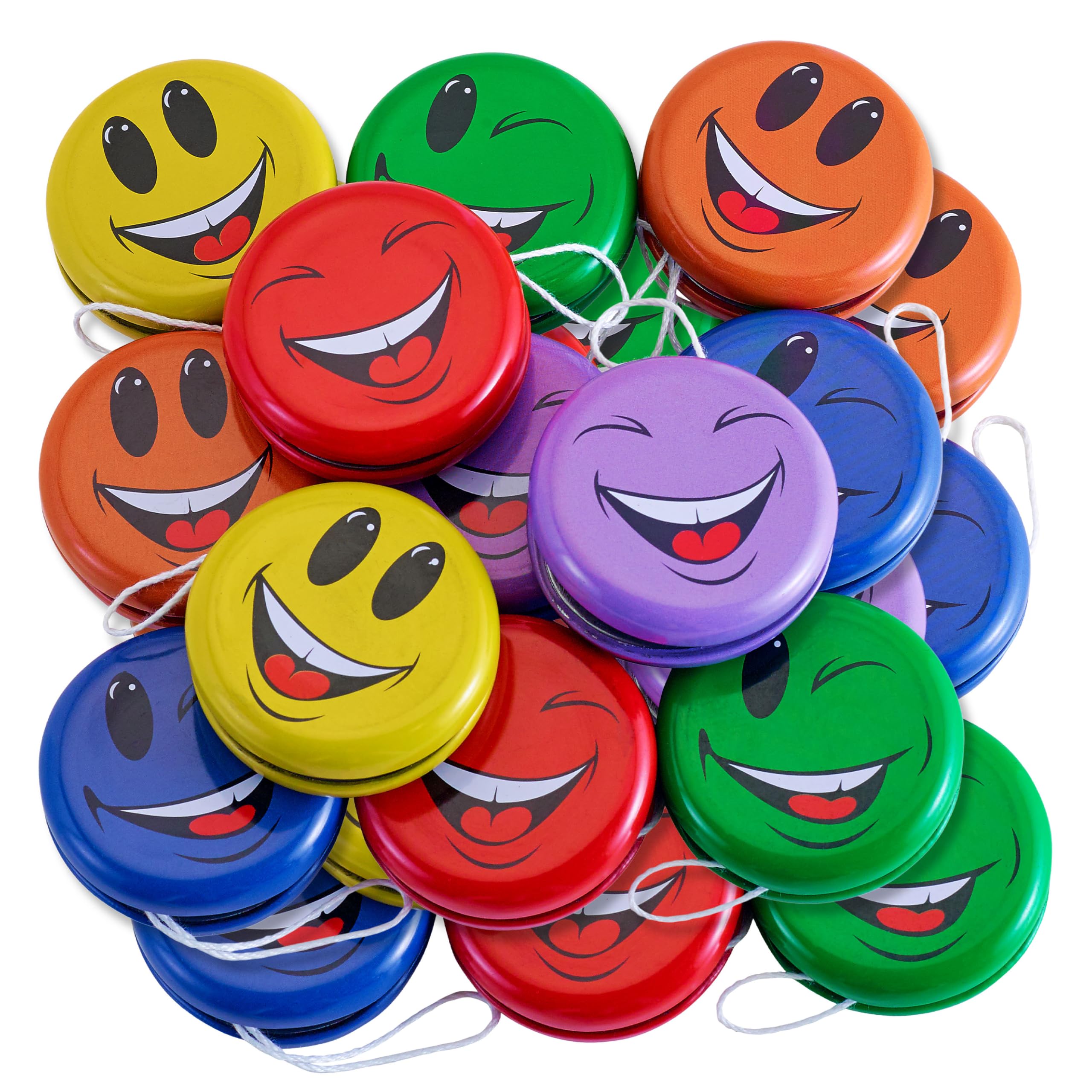 Playbees Metal Smiley Face Yo-Yos 12-Pack - 2-Inch Assorted Colors Bulk Yo-Yos for Kids Party Favors, Classroom Prizes, Goodie Bag Stuffers