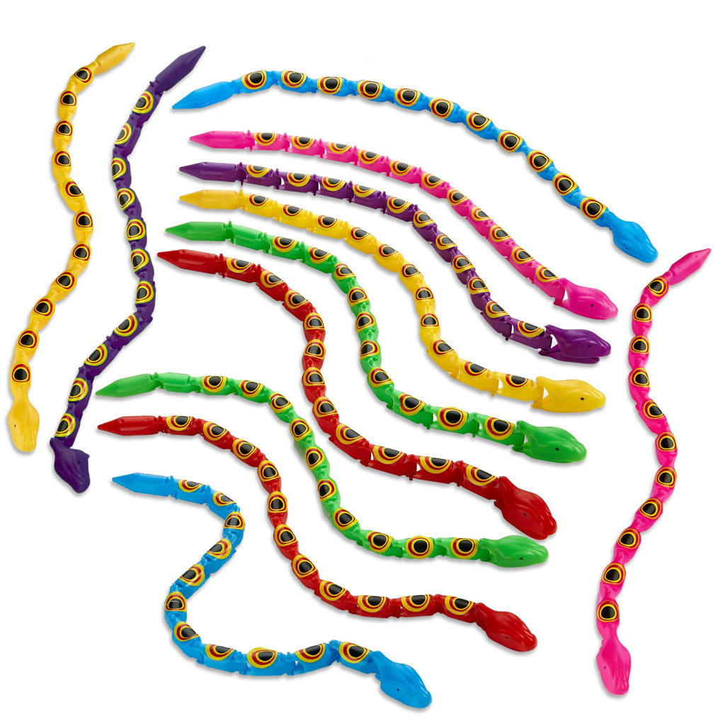 Playbees Wiggly Jointed Snakes - Pack of 12 - Flexible Plastic Snake Toys for Party Favors, Goody Bags, and Fidget Fun