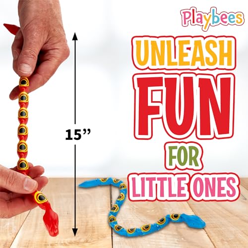 Playbees Wiggly Jointed Snakes - Pack of 12 - Flexible Plastic Snake Toys for Party Favors, Goody Bags, and Fidget Fun