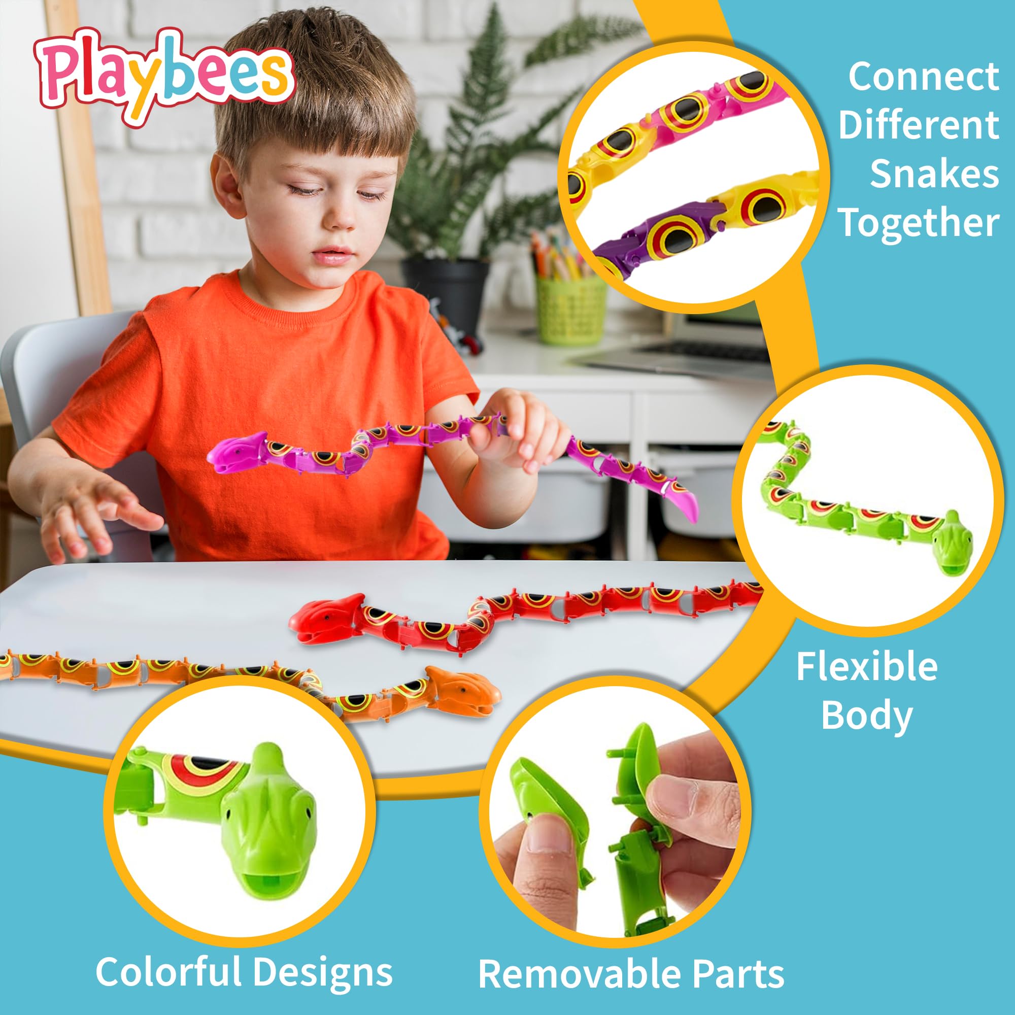 Playbees Wiggly Jointed Snakes - Pack of 12 - Flexible Plastic Snake Toys for Party Favors, Goody Bags, and Fidget Fun