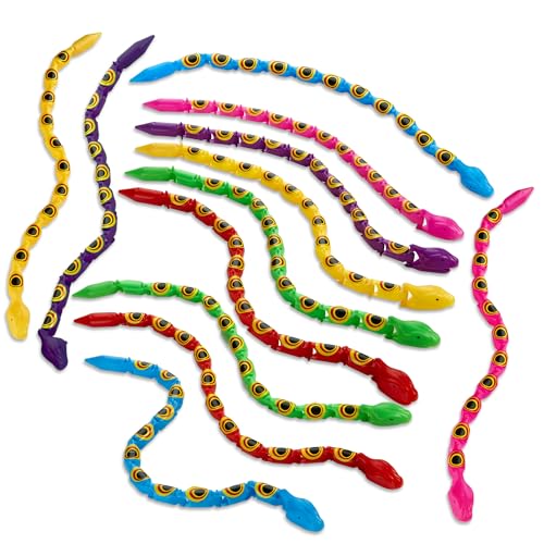 Playbees Wiggly Jointed Snakes - Pack of 12 - Flexible Plastic Snake Toys for Party Favors, Goody Bags, and Fidget Fun