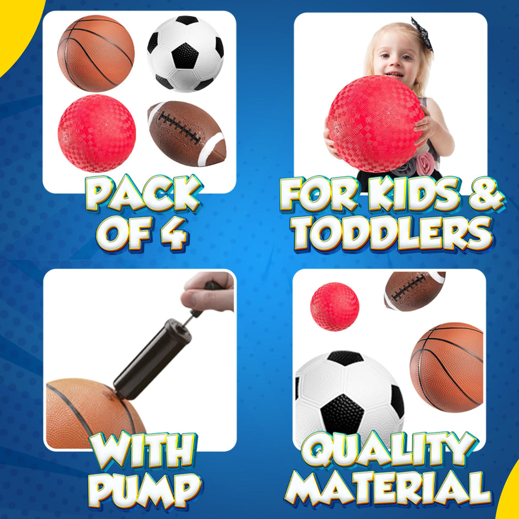 PlayBolt 4-Pack Sports Balls for Kids & Toddlers – 5-Inch Soft Rubber Set with Hand Pump