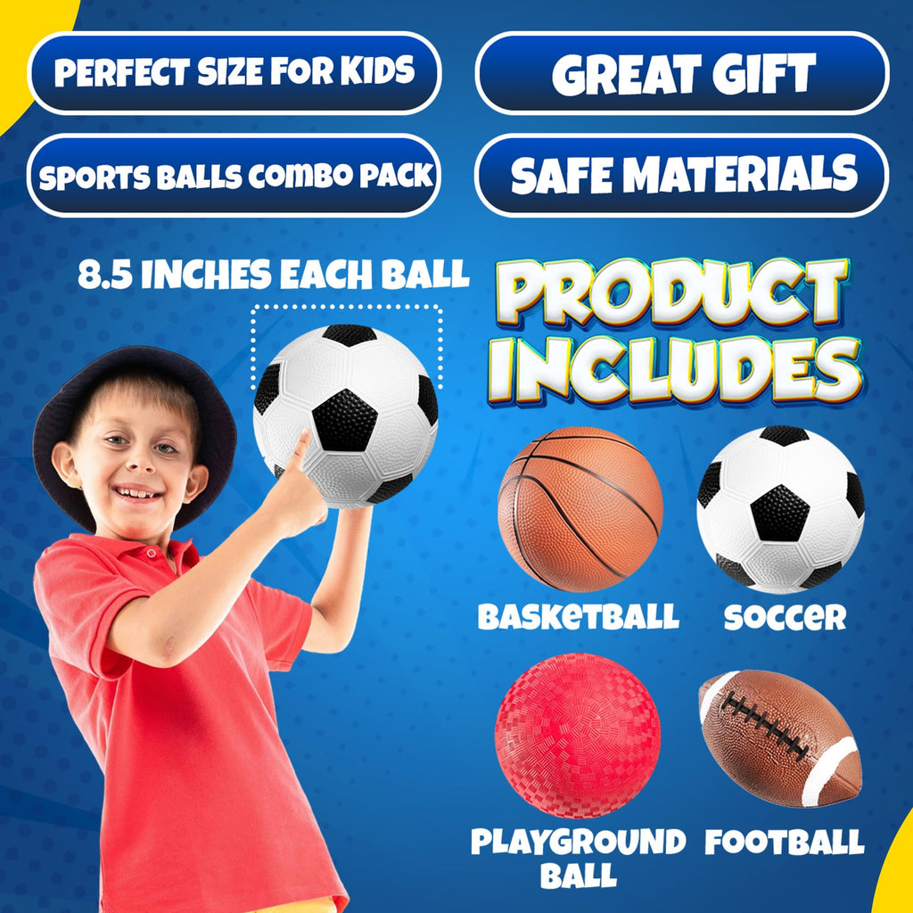 PlayBolt 4-Pack Sports Balls for Kids & Toddlers – 5-Inch Soft Rubber Set with Hand Pump