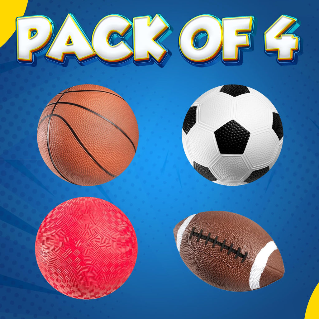 PlayBolt 4-Pack Sports Balls for Kids & Toddlers – 5-Inch Soft Rubber Set with Hand Pump