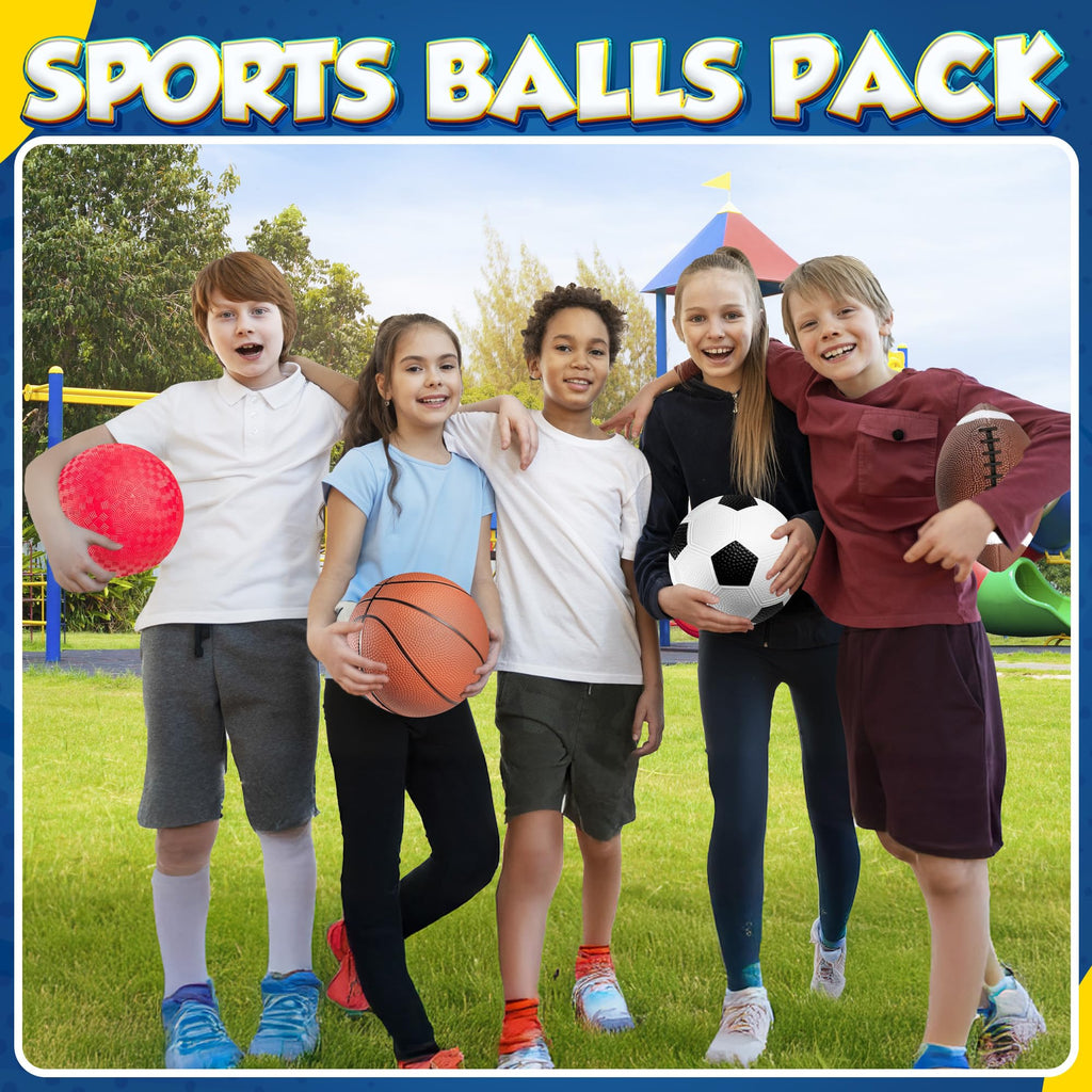 PlayBolt 4-Pack Sports Balls for Kids & Toddlers – 5-Inch Soft Rubber Set with Hand Pump