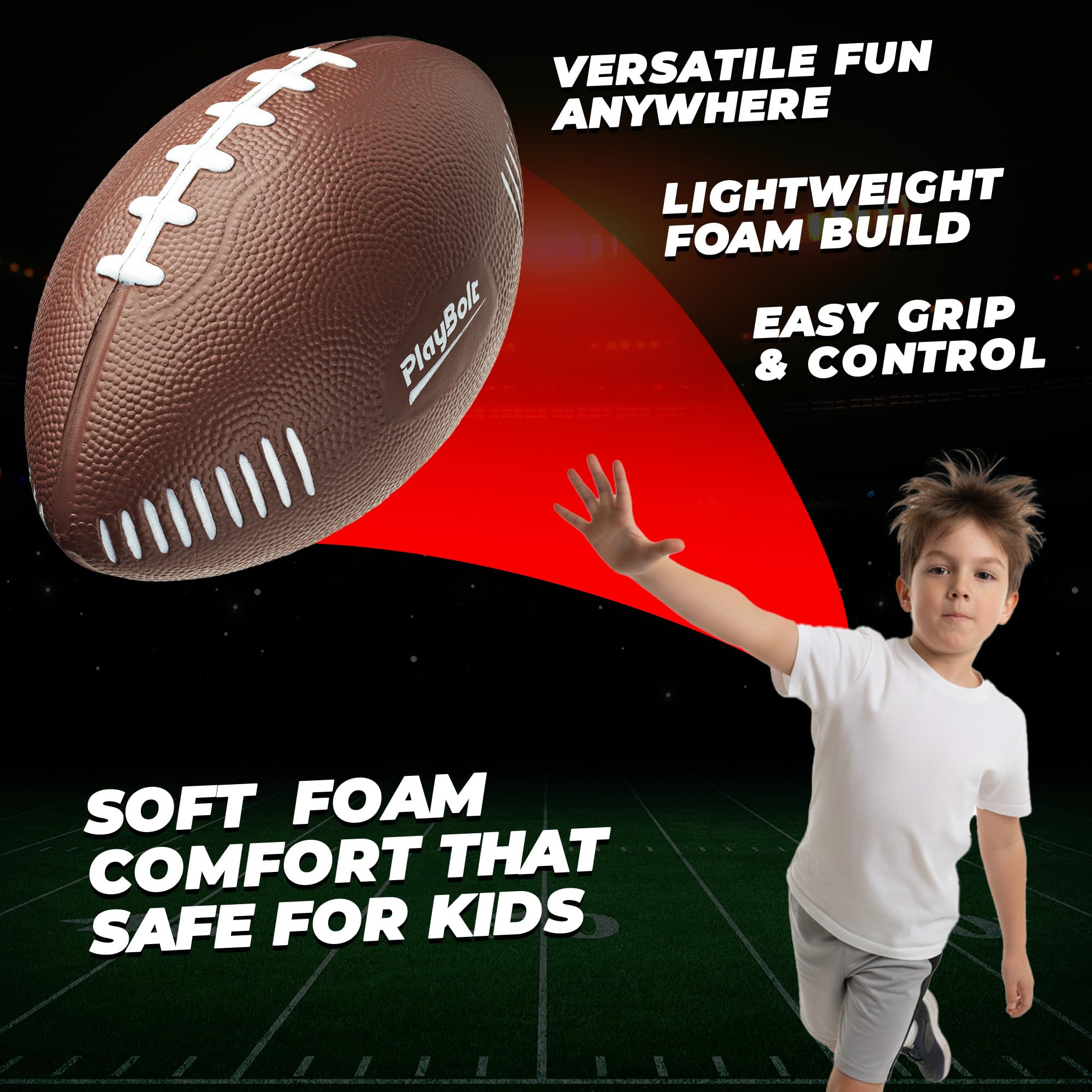 PlayBolt 7.25" Foam Football for Kids - Soft, Easy Grip Youth Sports Toy for Toddlers Ages 3+ (Brown)