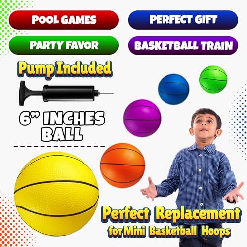PlayBolt Mini Basketball Set for Kids - 6 Inch (5 Pack) with Hand Pump - Indoor Outdoor Toddler Hoop Balls
