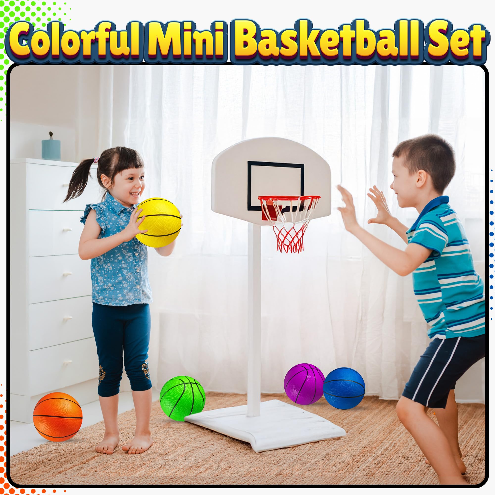 PlayBolt Mini Basketball Set for Kids - 6 Inch (5 Pack) with Hand Pump - Indoor Outdoor Toddler Hoop Balls