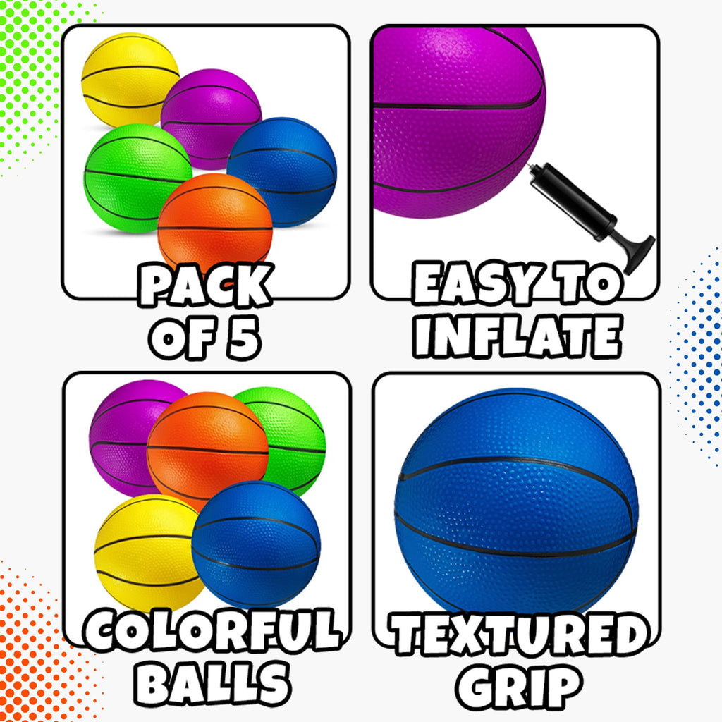 PlayBolt Mini Basketball Set for Kids - 6 Inch (5 Pack) with Hand Pump - Indoor Outdoor Toddler Hoop Balls