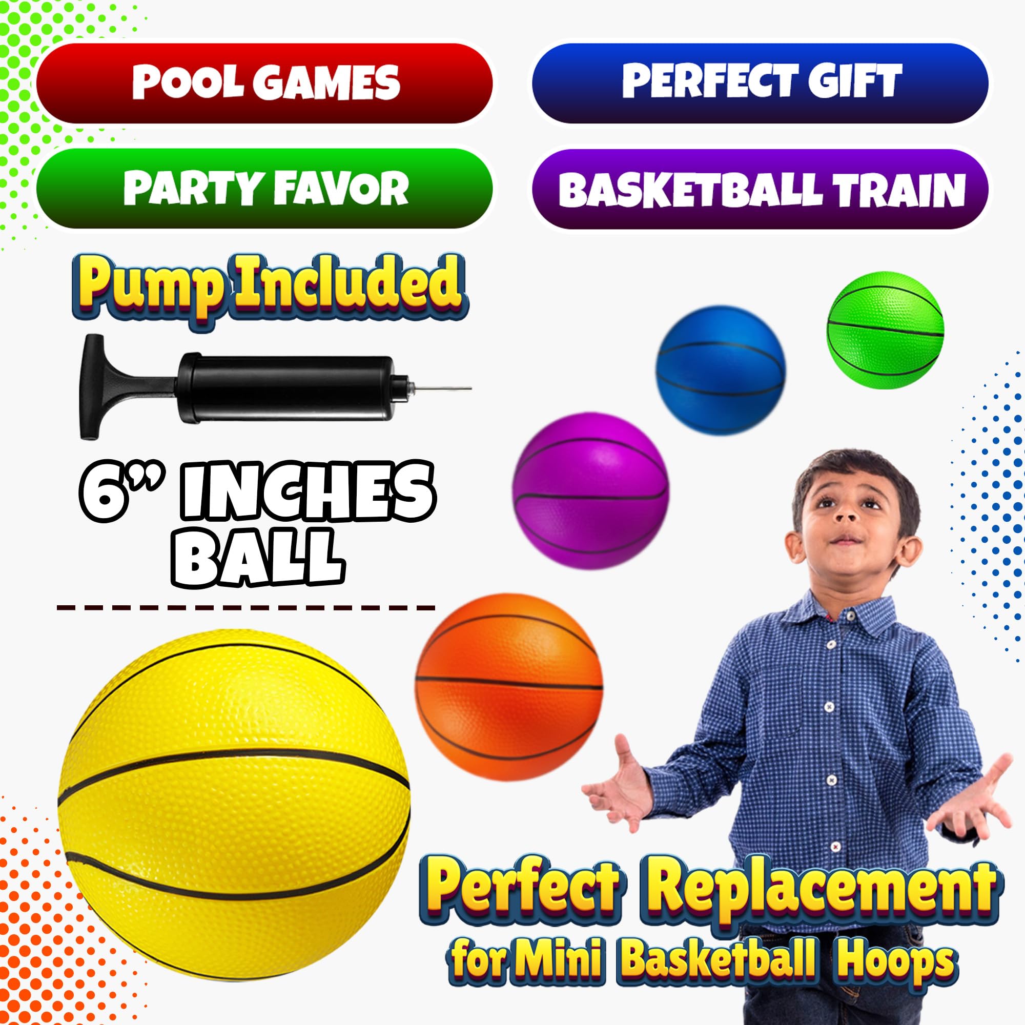 PlayBolt Mini Basketball Set for Kids - 6 Inch (5 Pack) with Hand Pump - Indoor Outdoor Toddler Hoop Balls