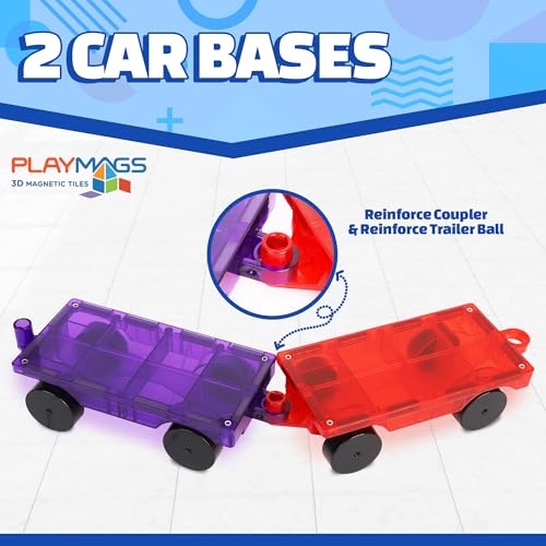 Playmags Magnetic Car Set (2 Pieces) – 6x3-Inch Wheel Bases with 12 Strong Magnets for Magnetic Tiles STEM Building