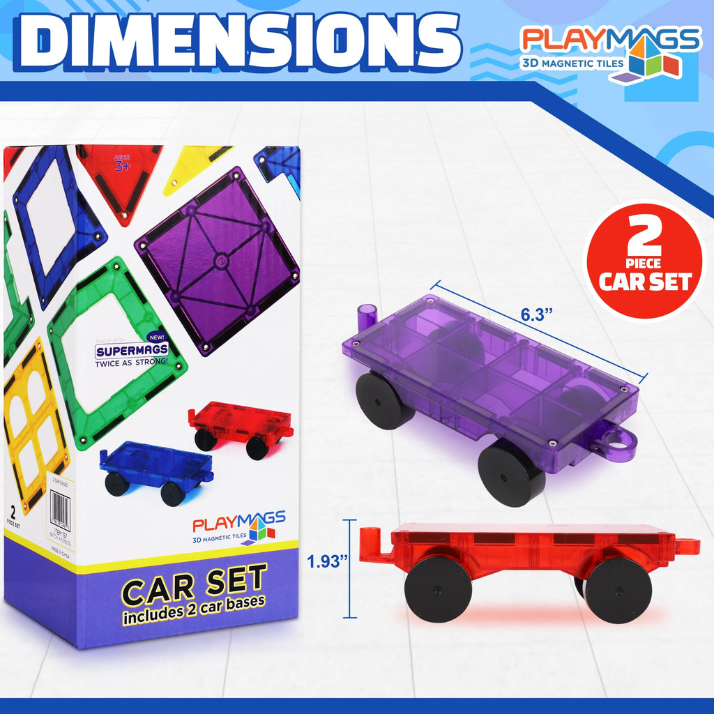 Playmags Magnetic Car Set (2 Pieces) – 6x3-Inch Wheel Bases with 12 Strong Magnets for Magnetic Tiles STEM Building