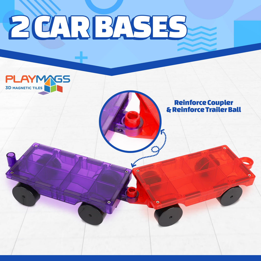 Playmags Magnetic Car Set (2 Pieces) – 6x3-Inch Wheel Bases with 12 Strong Magnets for Magnetic Tiles STEM Building