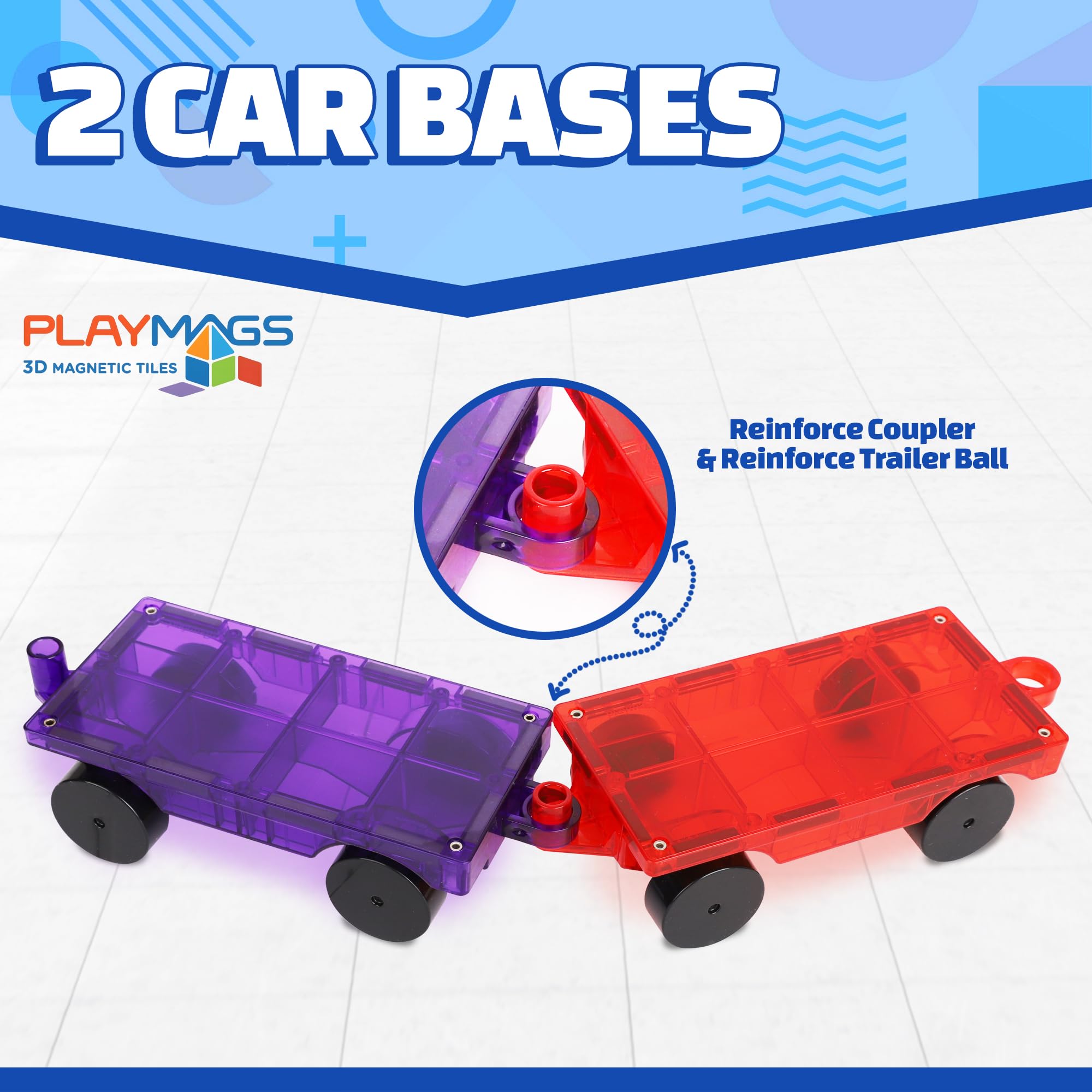 Playmags Magnetic Car Set (2 Pieces) – 6x3-Inch Wheel Bases with 12 Strong Magnets for Magnetic Tiles STEM Building