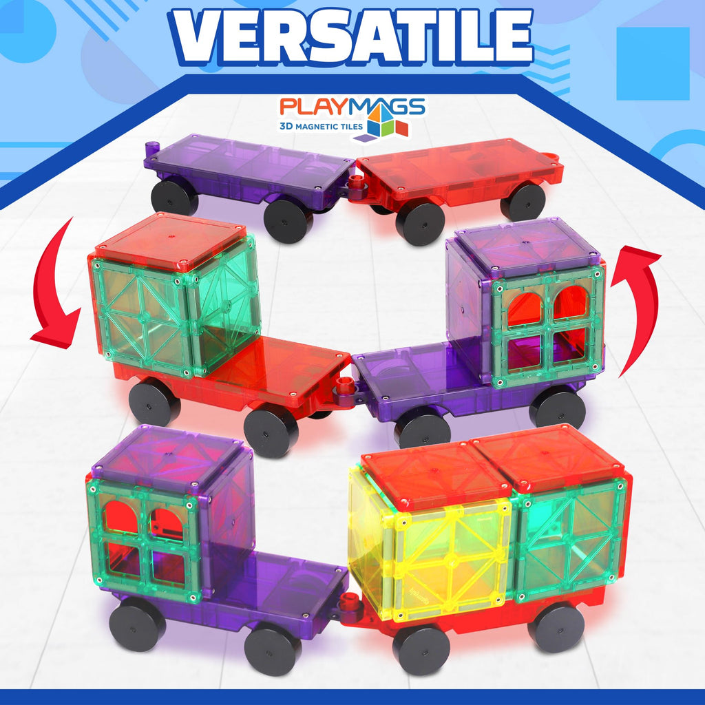 Playmags Magnetic Car Set (2 Pieces) – 6x3-Inch Wheel Bases with 12 Strong Magnets for Magnetic Tiles STEM Building