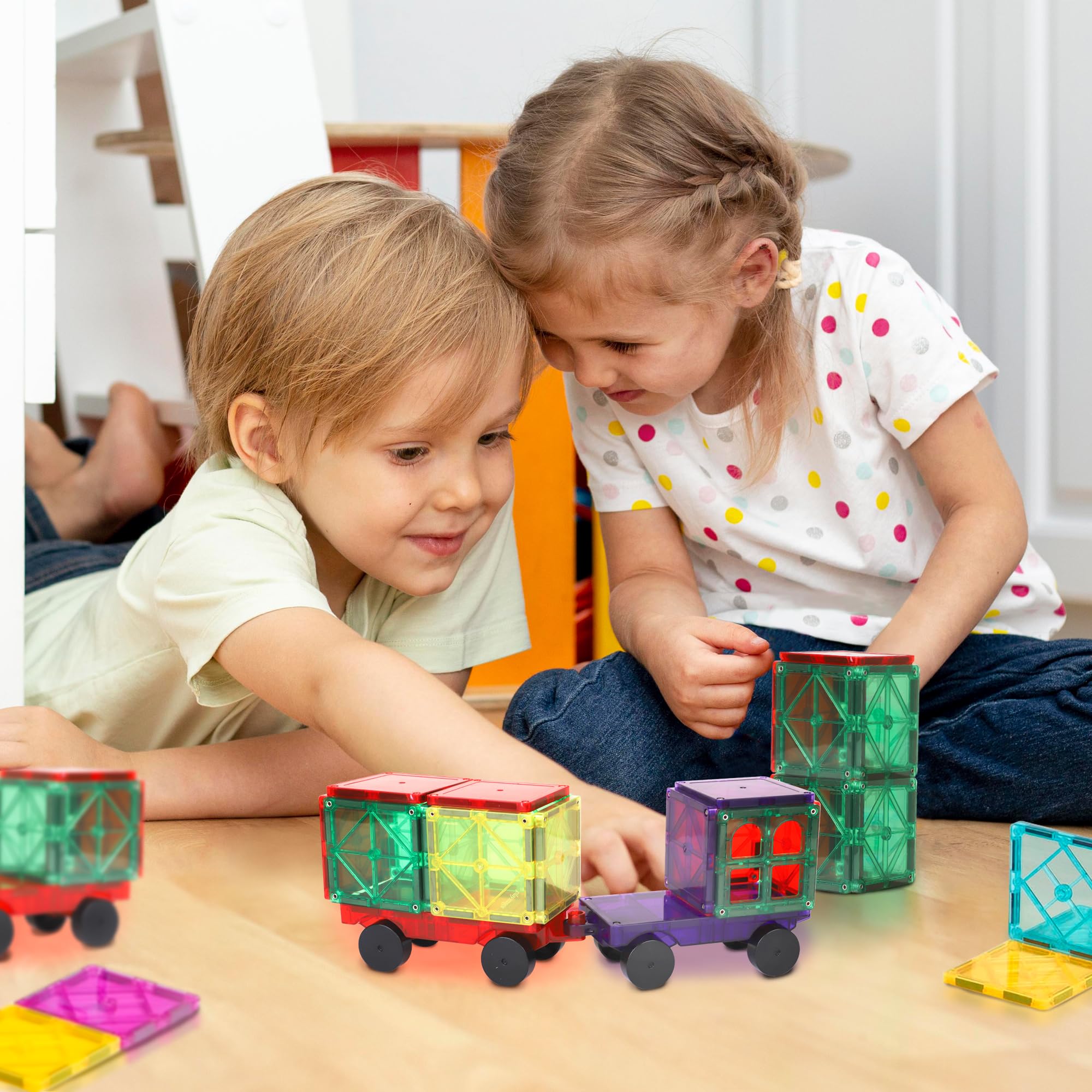 Playmags Magnetic Car Set (2 Pieces) – 6x3-Inch Wheel Bases with 12 Strong Magnets for Magnetic Tiles STEM Building