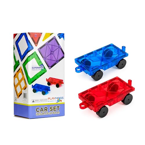 Playmags Magnetic Car Set (2 Pieces) – 6x3-Inch Wheel Bases with 12 Strong Magnets for Magnetic Tiles STEM Building