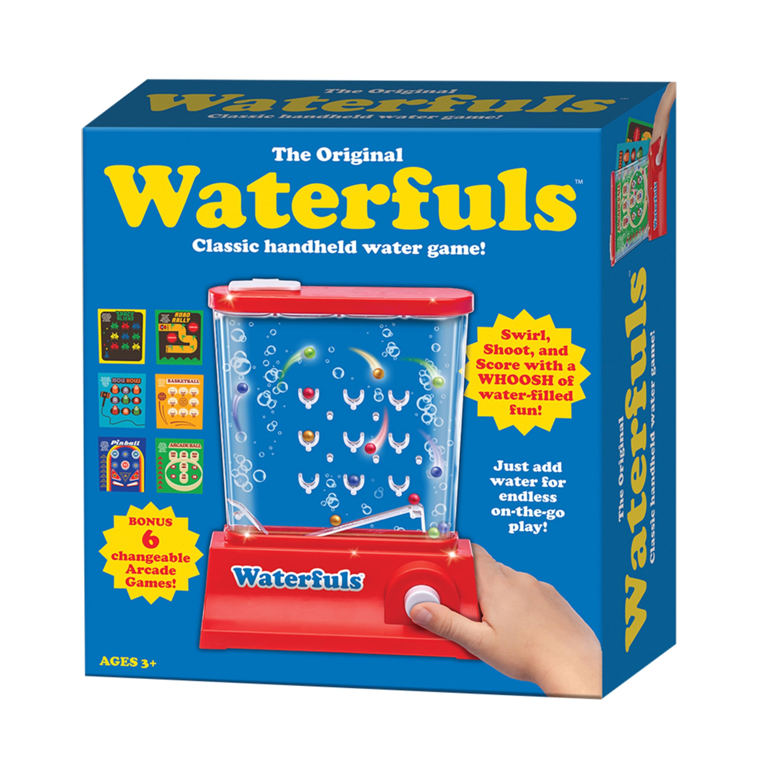 Playmonster Original Waterfuls Classic Handheld Water Game – 6 Interchangeable Back Panels, Retro Travel Game for Kids Ages 3+