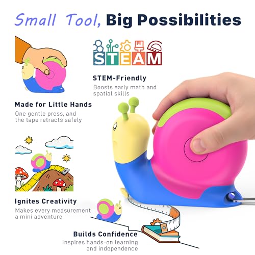 PLAYPARTY 8ft Snail Tape Measure for Kids – Green STEM Tool with Level, Protractor, Eraser