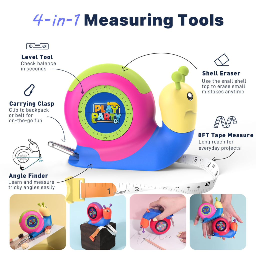 PLAYPARTY 8ft Snail Tape Measure for Kids – Green STEM Tool with Level, Protractor, Eraser