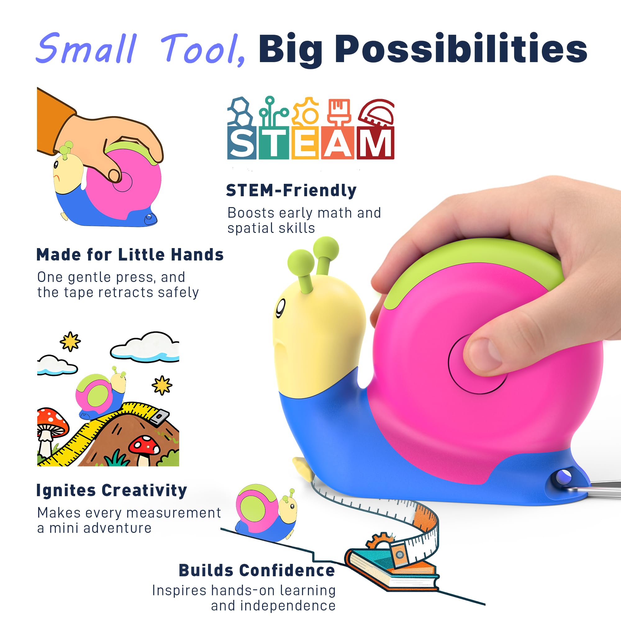 PLAYPARTY 8ft Snail Tape Measure for Kids – Green STEM Tool with Level, Protractor, Eraser