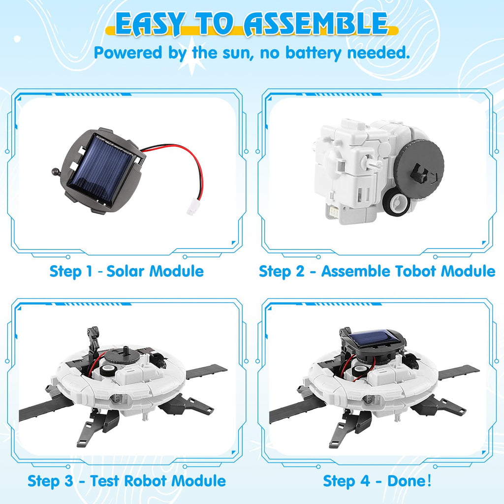 Playsheek 6-in-1 Solar Robot Kit STEM Projects for Kids Ages 8-12 - Build 6 Space Robots, 3 Charging Methods, White
