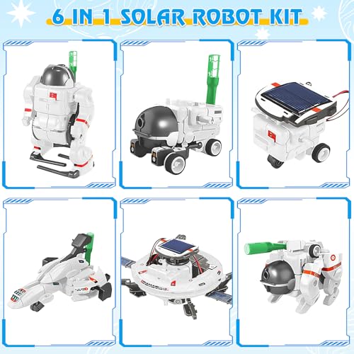 Playsheek 6-in-1 Solar Robot Kit STEM Projects for Kids Ages 8-12 - Build 6 Space Robots, 3 Charging Methods, White