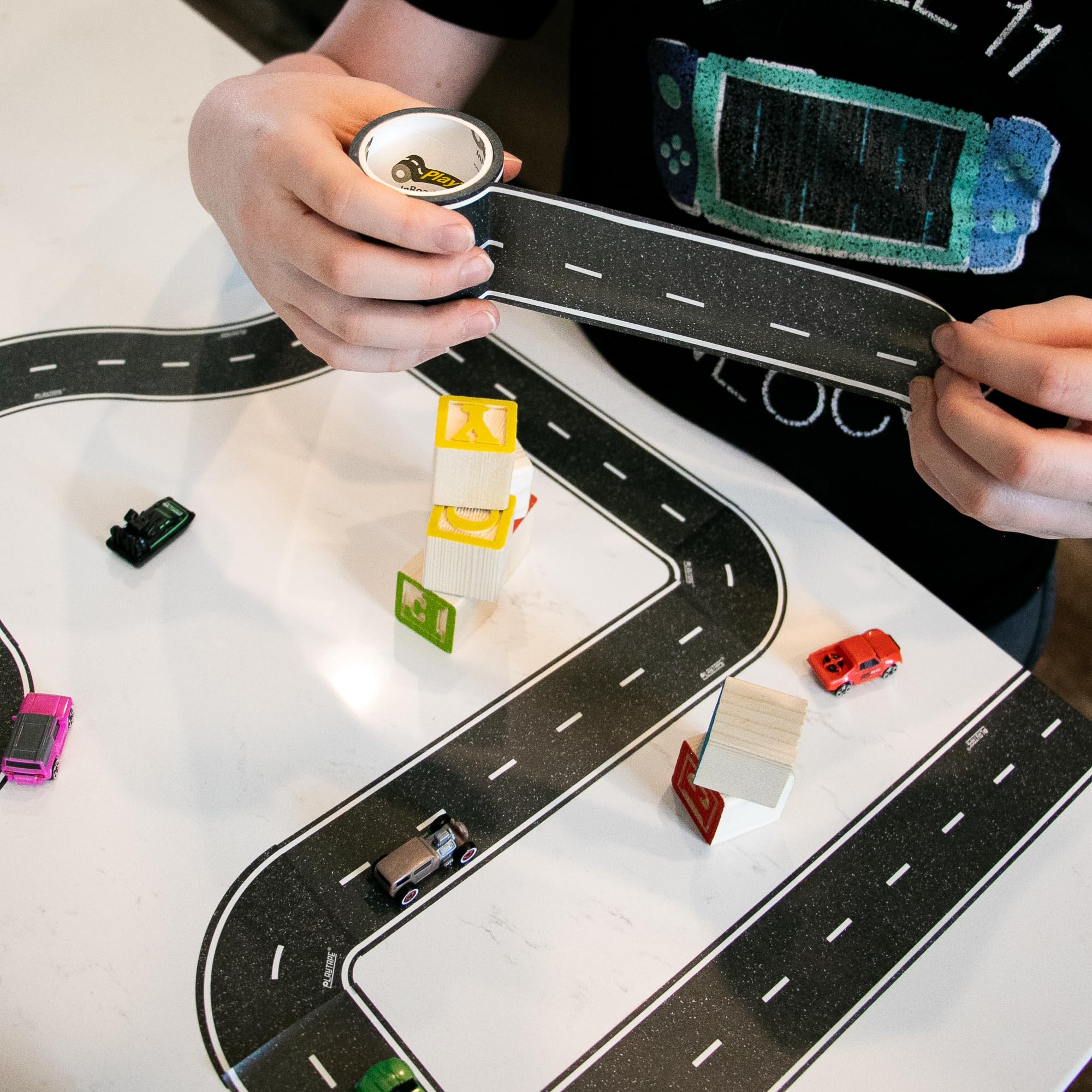 PlayTape Neighborhood Road Tape – 2in x 30ft Paper Road Tape for Toy Cars, Sticks to Flat Surfaces, No Residue, Tear by Hand