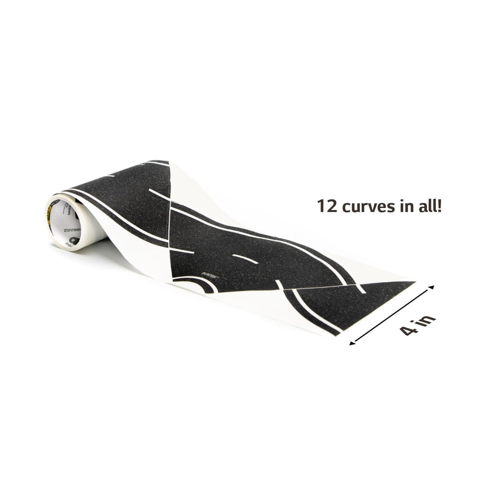 PlayTape Road Tape Curves – 12 Curved Pieces for Toy Car Roads, 4 Inches Wide, No Residue