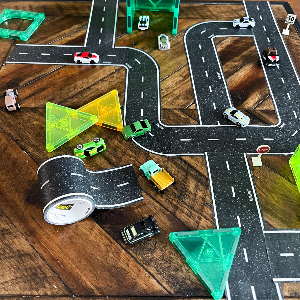 PlayTape Road Tape Curves – 12 Curved Pieces for Toy Car Roads, 4 Inches Wide, No Residue