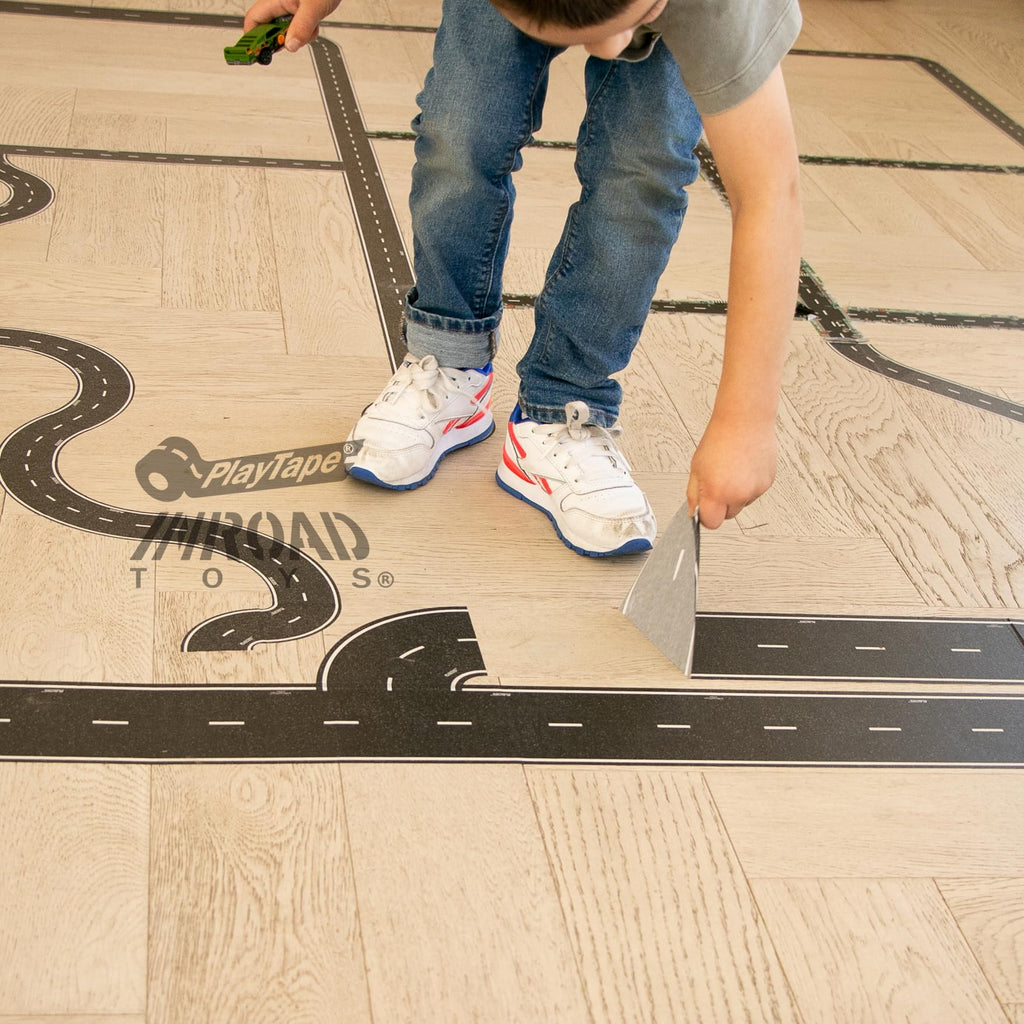 PlayTape Road Tape Curves – 12 Curved Pieces for Toy Car Roads, 4 Inches Wide, No Residue