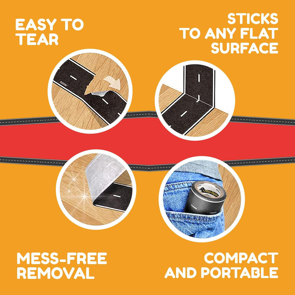 PlayTape Road Tape for Toy Cars – 2" Wide x 30 ft Asphalt Road, Sticks to Flat Surfaces, No Residue