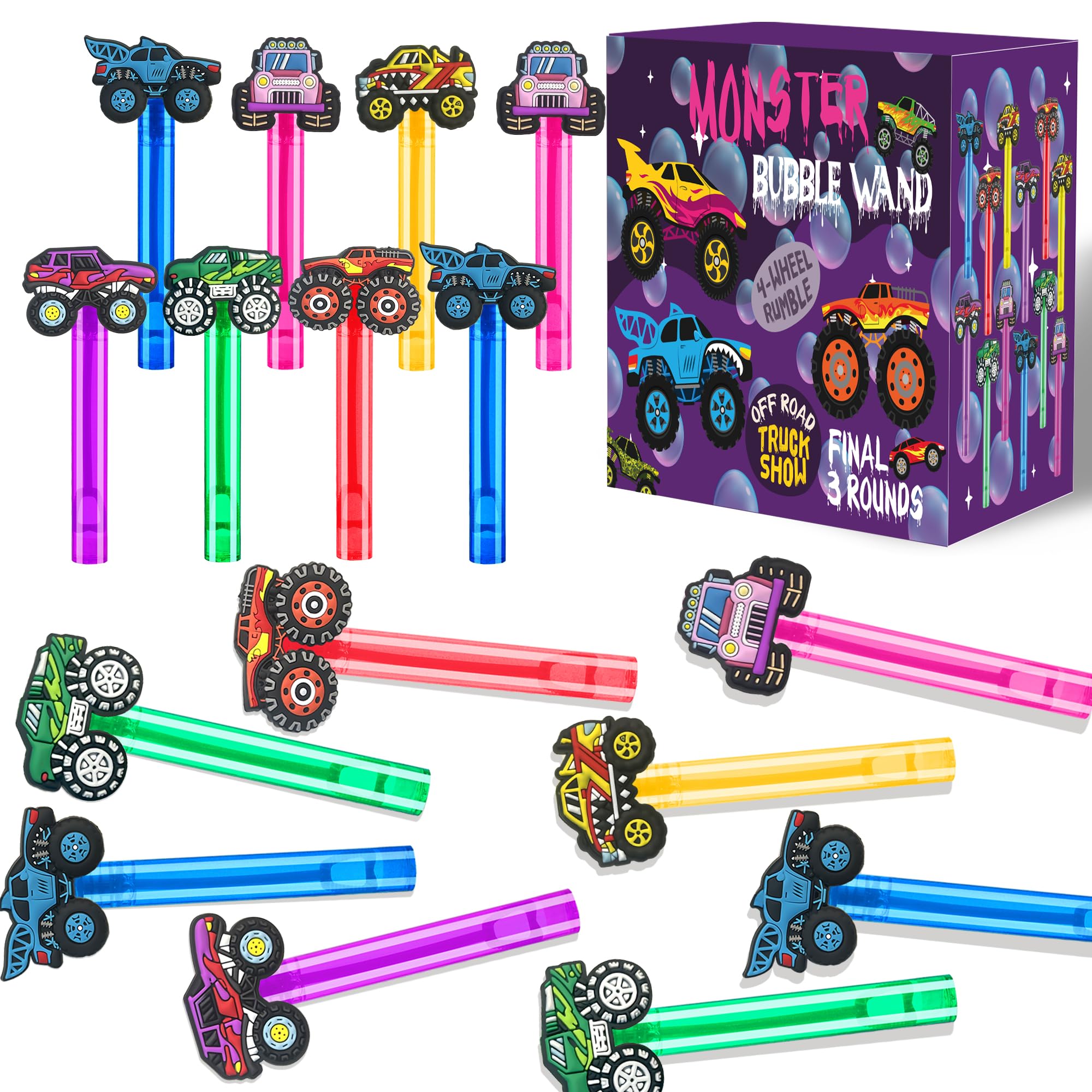 PLOUGVI 24-Pack Truck Bubble Wands for Kids Party Favors – 6 Detachable Truck Toppers, 6 Colors, ASTM-Certified Non-Toxic Bubble Solution
