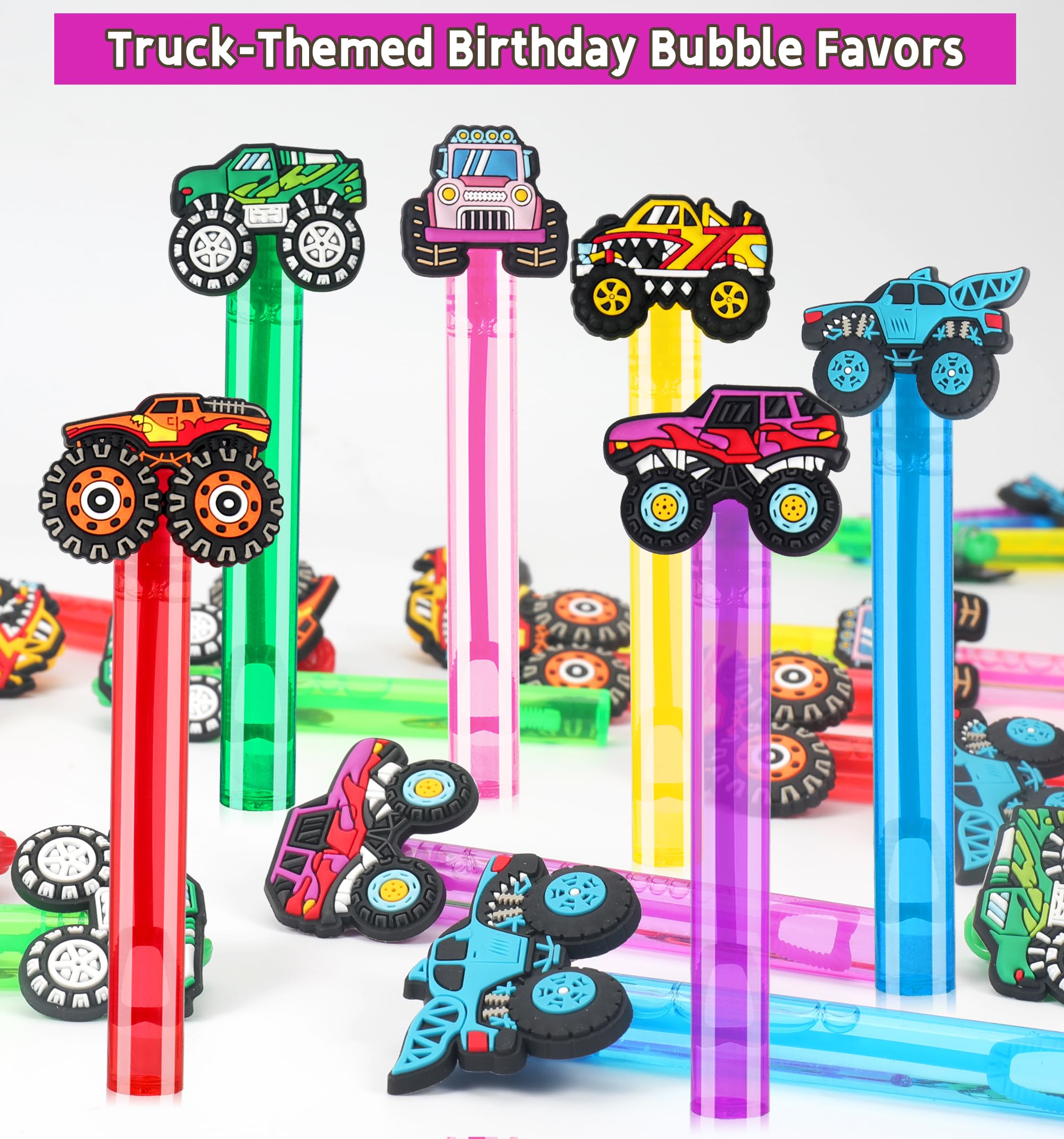 PLOUGVI 24-Pack Truck Bubble Wands for Kids Party Favors – 6 Detachable Truck Toppers, 6 Colors, ASTM-Certified Non-Toxic Bubble Solution