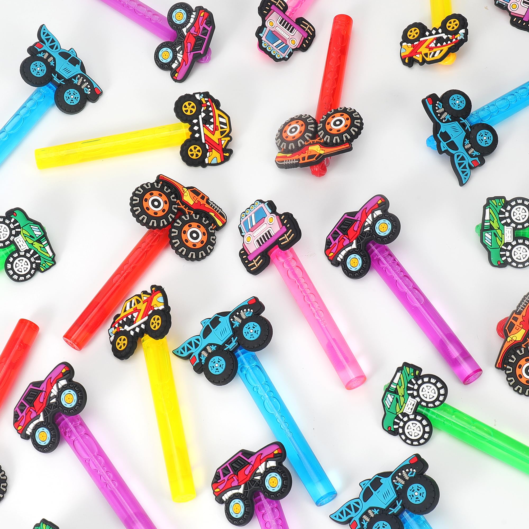 PLOUGVI 24-Pack Truck Bubble Wands for Kids Party Favors – 6 Detachable Truck Toppers, 6 Colors, ASTM-Certified Non-Toxic Bubble Solution