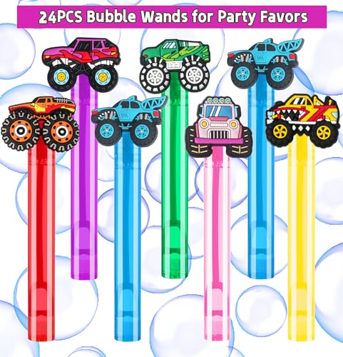 PLOUGVI 24-Pack Truck Bubble Wands for Kids Party Favors – 6 Detachable Truck Toppers, 6 Colors, ASTM-Certified Non-Toxic Bubble Solution