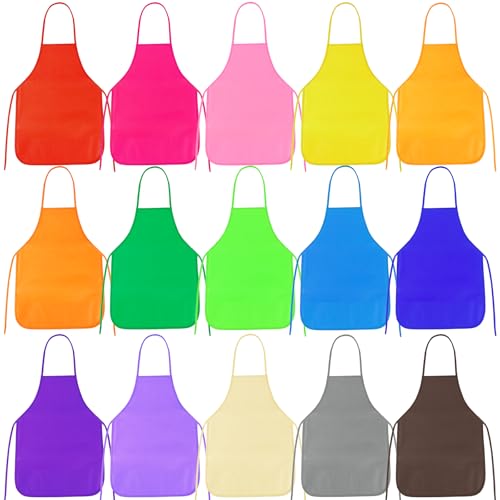 PLULON 15 Pcs Kids Painting Aprons - Non-Woven Art Smocks Bulk with Adjustable Straps for Toddlers Ages 3-5