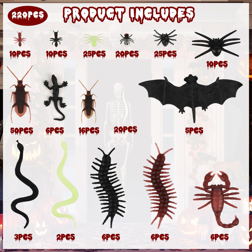 PLULON 220 Pcs Realistic Fake Bugs – Cockroaches, Spiders, Scorpions & More for Pranks, Parties & Teaching