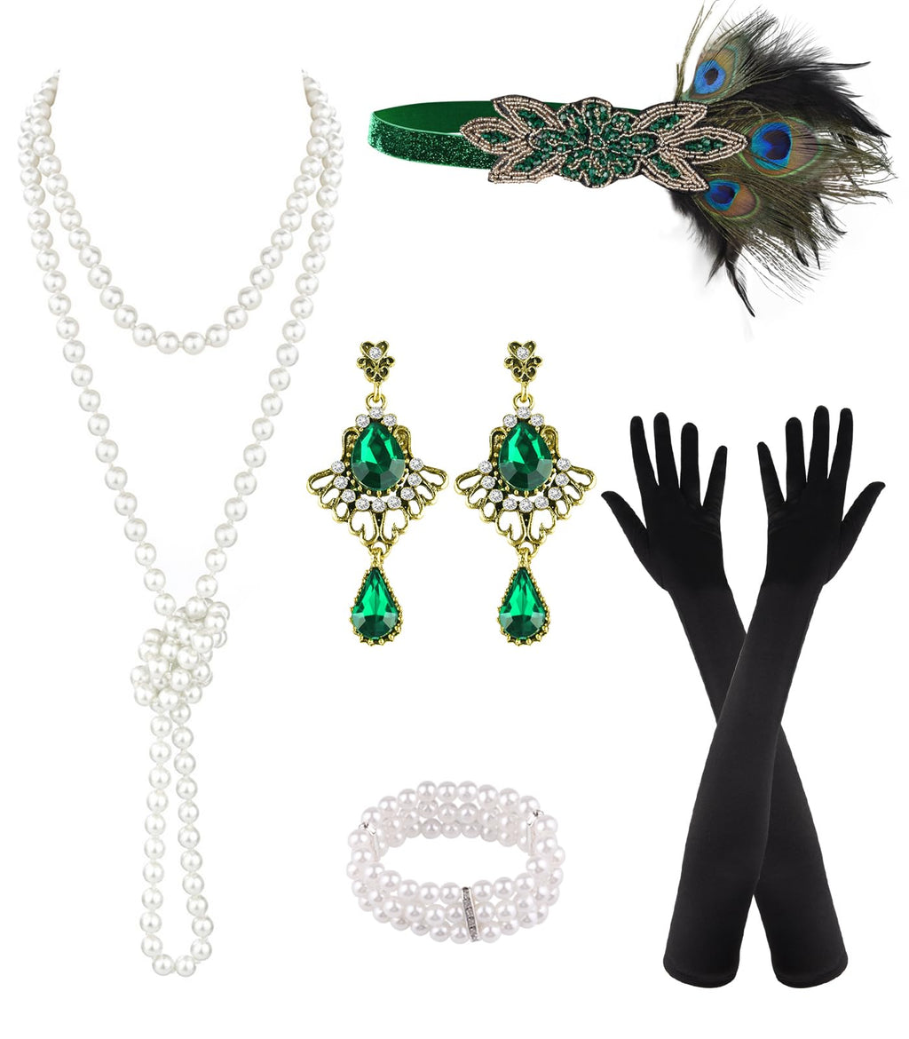PLULON 6-Piece 1920s Flapper Accessory Set – Roaring 20s Costume Kit with Headband, Gloves, Jewelry & Prop