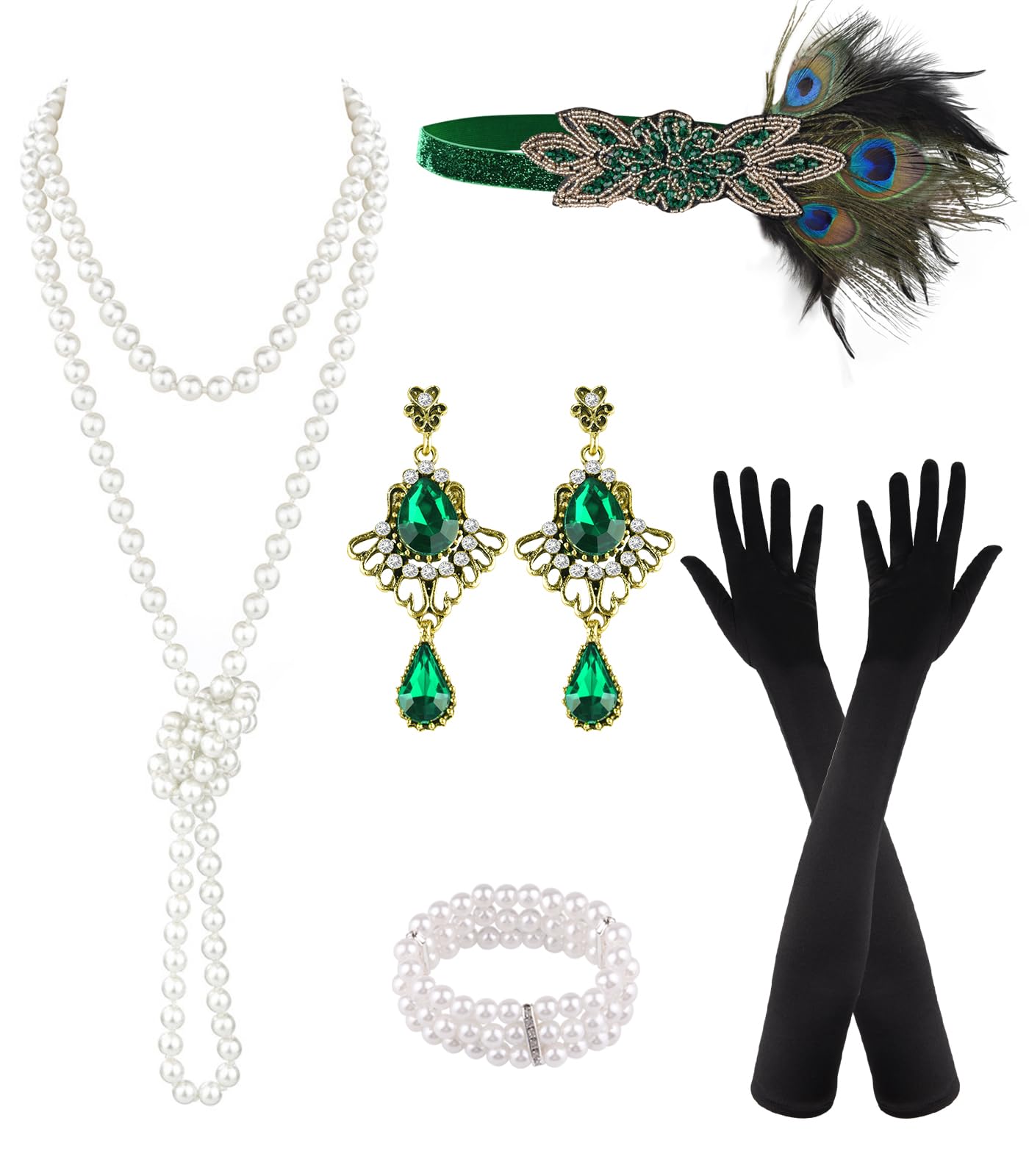 PLULON 6-Piece 1920s Flapper Accessory Set – Roaring 20s Costume Kit with Headband, Gloves, Jewelry & Prop
